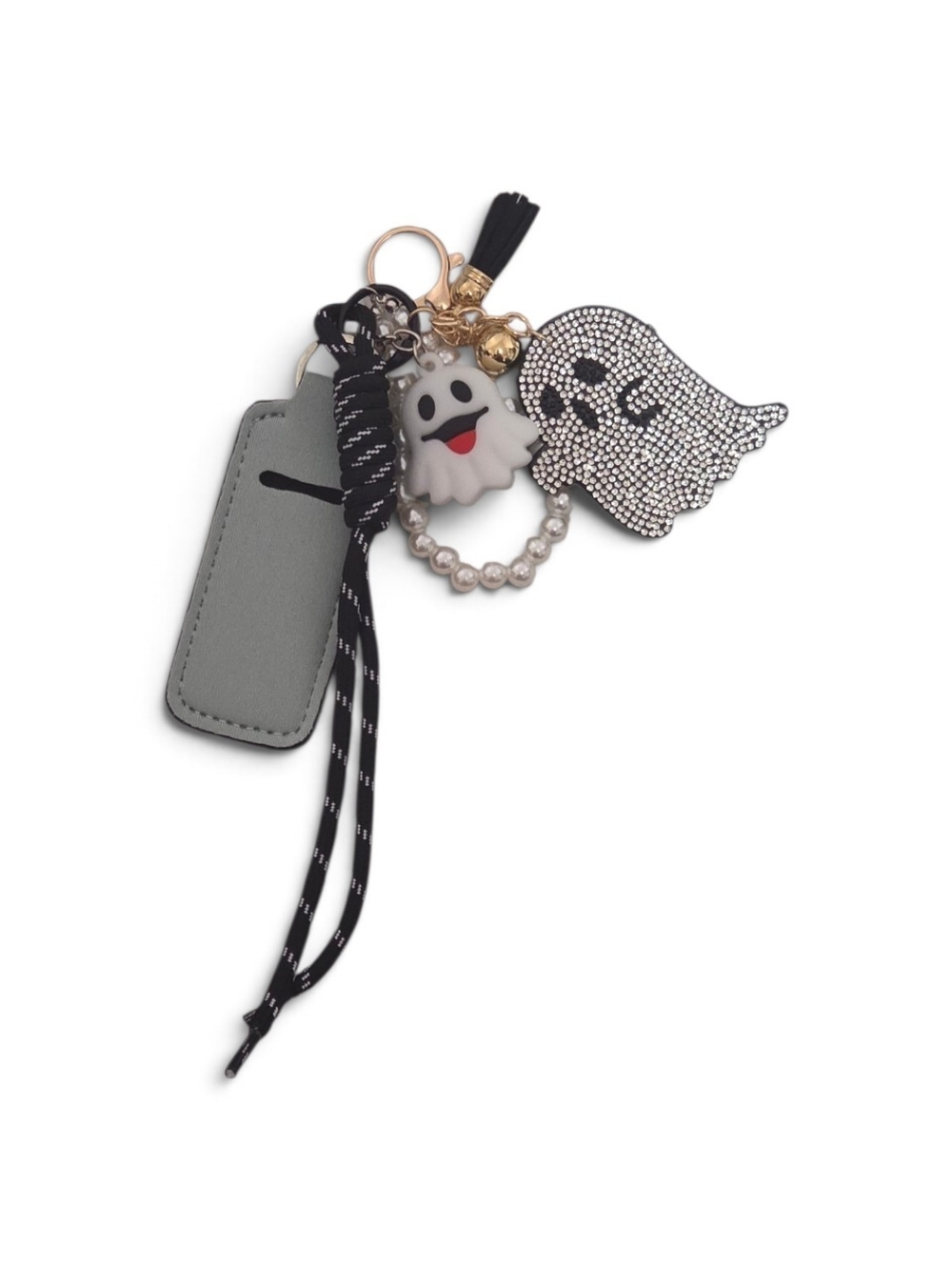 Ghost Charm Keychain with Rhinestone Ghost and Faux Pearl Accent